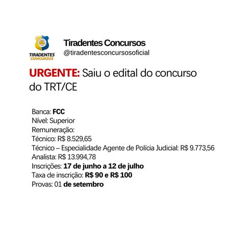 Saiu o edital do concurso do TRT Ceará Banca FCC Nível Superior