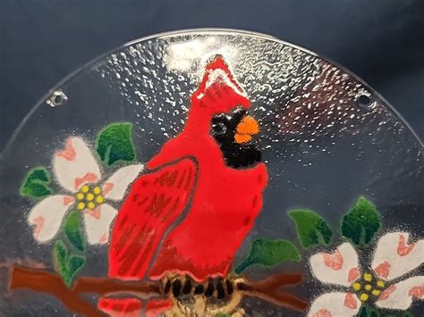 Set Of 3 Peggy Karr Fused Glass Plates Angels Cardinal Iris