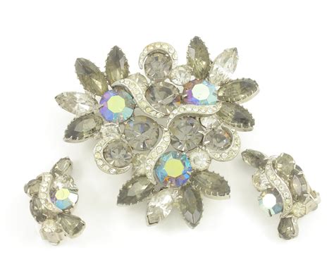 Vintage Kramer Gray Rhinestone Brooch Earrings Signed Kramer