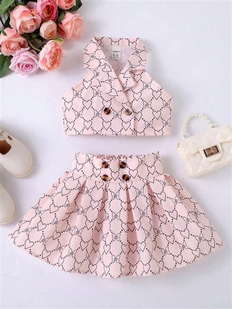 SHEIN Baby Heart Bow Print Lapel Neck Top Fold Pleated Skirt Set In