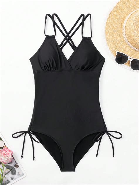 Criss Cross Tie Side One Piece Swimsuit Shein Usa