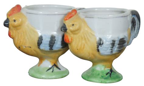 2 Vintage Fanny Farmer Ceramic Bisque Egg Cups Chicken Rooster Japan 3