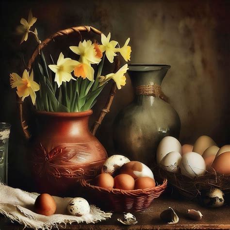 Premium Photo A Basket Of Eggs And A Vase Of Daffodils Easter Still