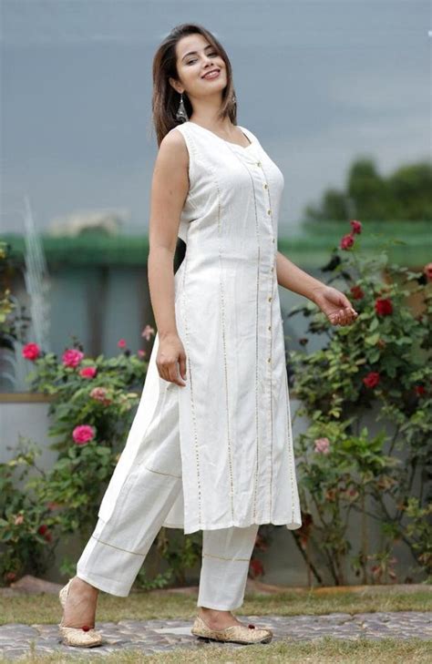 Women White Rayon Tunic Top Dress Kurti Kurta Set With Pant Etsy