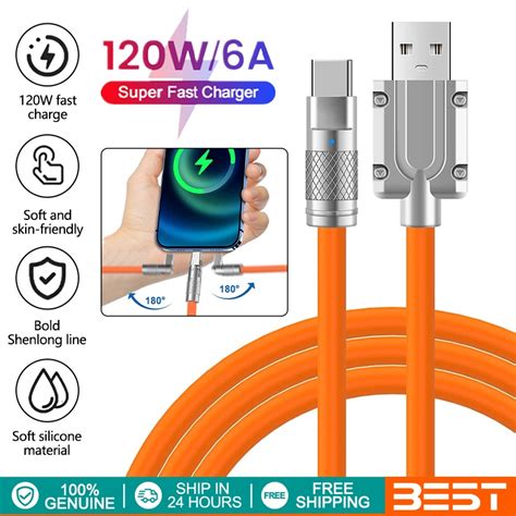 USB Type C Cable 120W 6A Zinc Alloy Liquid Silicone Fast Charging Cable