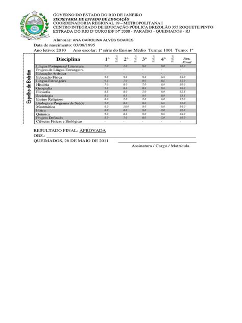 Modelo de Boletim Ensino Médio (1001) - ok | Academia | Ciências Naturais