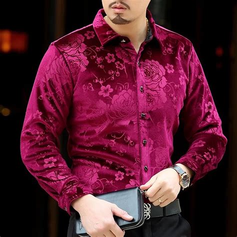 Mens Velvet Shirt 2018 Long Sleeve Flower Print Velvet Shirt Business