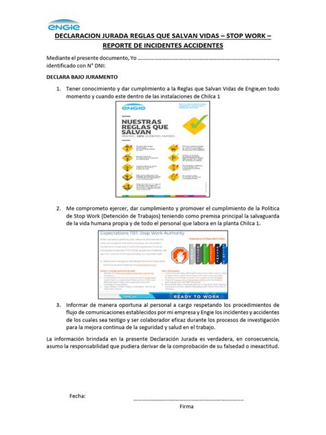 Declaración Jurada De Cumplimiento De Reglas Que Salvan Vidas Regla Stop Y Reporte De