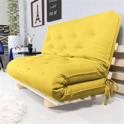 Sofa Cama Casal Futon Oriental Amarelo Acquablock Com Madeira Maciça