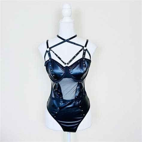 Black Leather Fishnet Cut Out Strappy Studded Bustier Bodysuit Lingerie EBay