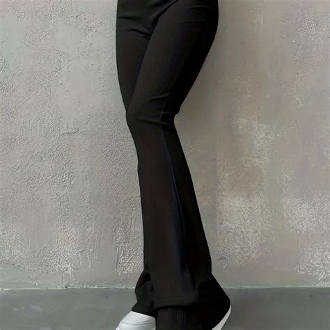 Antmvs Solid Ribbed Flare Leg Pants High Waist Slim Elastic Pants Wo