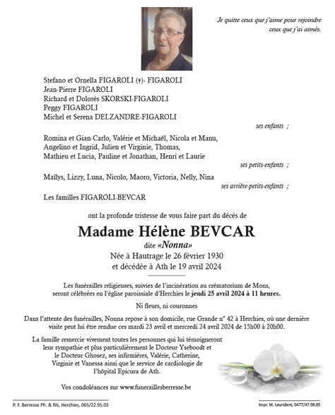 Madame Hélène BEVCAR funérailles Berresse