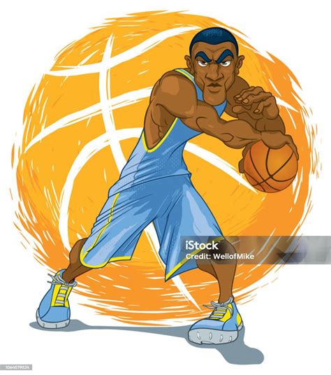 Basketball Player In Blue Jersey Against Grunge Ball Stock Illustration