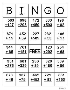 Addition Bingo With Regrouping By Teacherinlearning Tpt