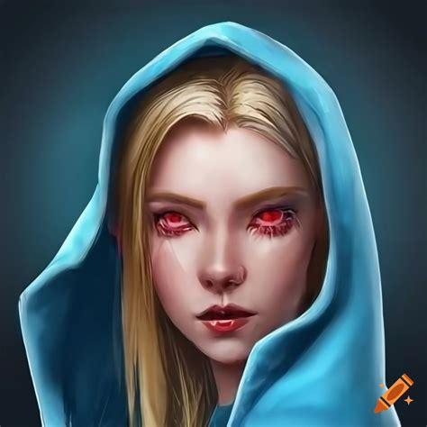 Photo Of A Female Elf With Red Eyes And Long Blonde Hair In A Blue