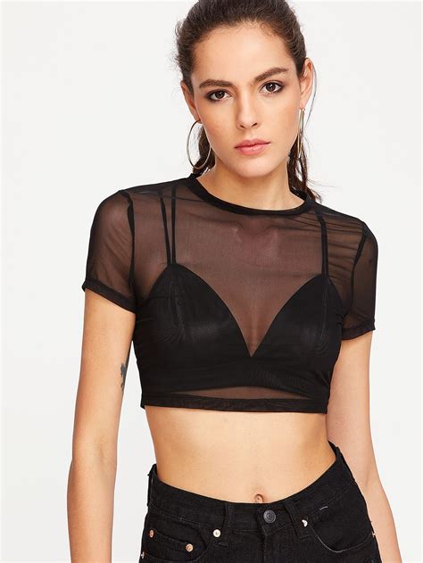 Shein Crop Sheer Mesh Top Crop Top Outfits Sheer Mesh Top Crop Top