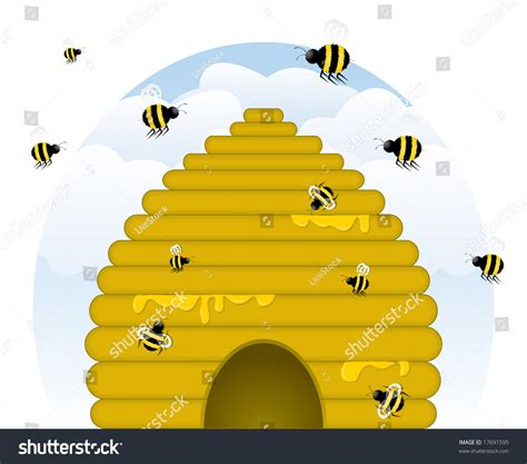 Skep Style Golden Beehive Dripping With Honey With Busy Honey Bees Of Various Sizes Working