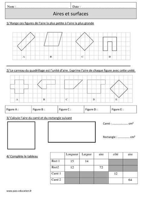 Aires Surfaces Mesures et calculs Cm1 Exercices Mathématiques