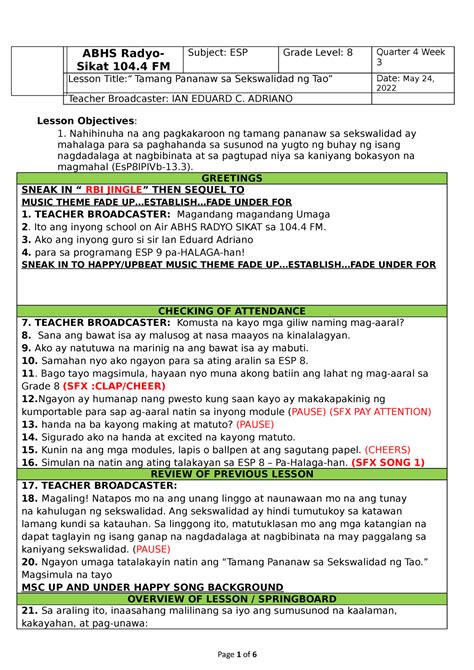 Esp 8 Rbi 4th Quarter Week 3 Abhs Radyo Sikat 104 Fm Subject Esp Grade Level 8 Quarter 4