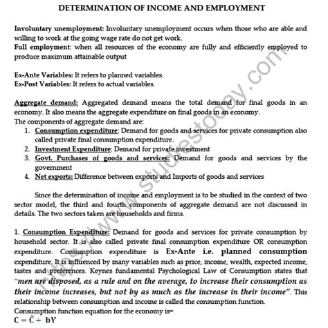 Cbse Class Economics Determination Of Income And Employment Worksheet