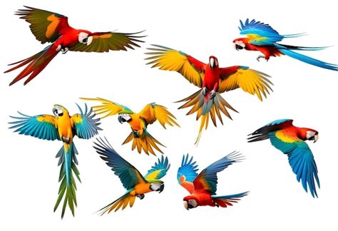 Conjunto De Loros Guacamayo Volando Aislados Sobre Un Fondo Blanco