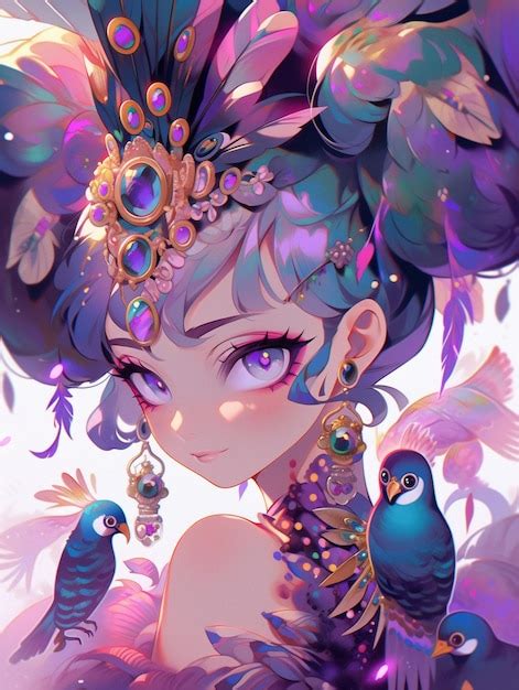 Premium AI Image | Anime girl with a bird and a peacock in her hair ...