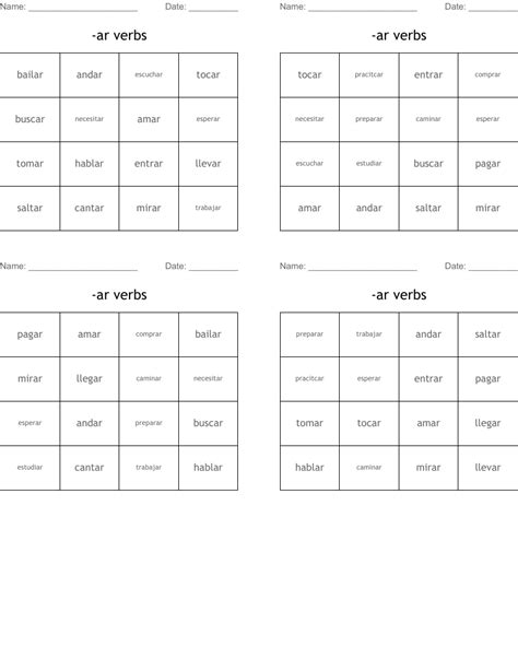 Ar Verbs Bingo Cards WordMint