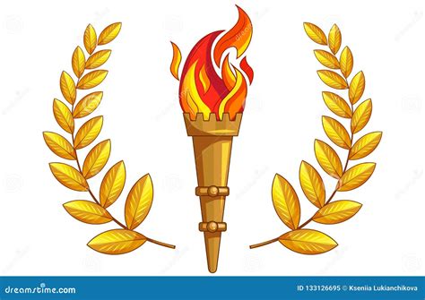 The Torch With Burning Fire Golden Laurel Branch Stock Vector