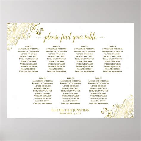 7 Table Wedding Seating Chart Gold Frills On White Zazzle