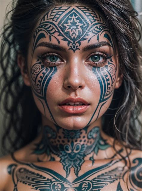 A Woman With A Tattoo On Her Face And Chest SeaArt AI