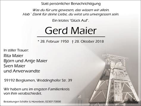 Traueranzeigen Von Gerd Maier Trauer In Nrw De