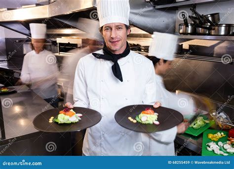 Happy Head Chef Presenting His Food Plates Stock Image Image Of