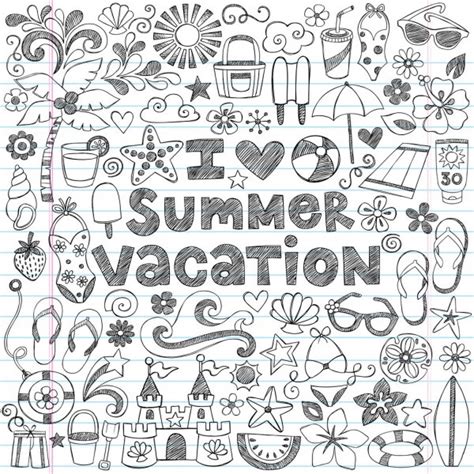 Summer Tropical Beach Vaction Notebook Doodle Vector Set Stock