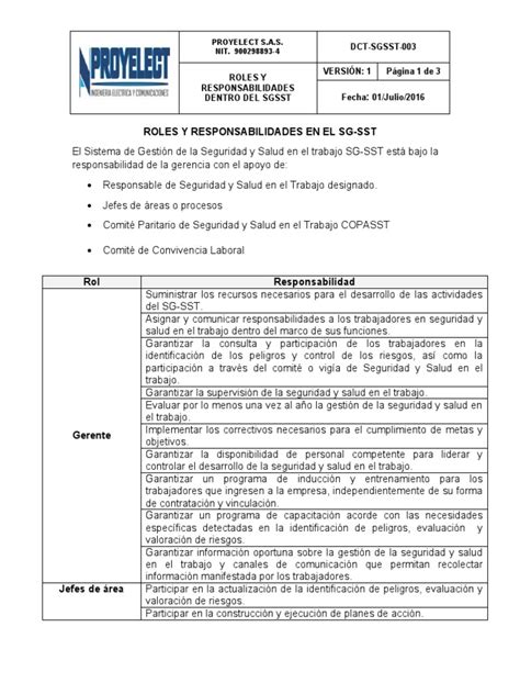 Anexo 4 Dct Sgsst 003 Roles Y Responsabilidades Dentro Del Sgsst Pdf Empresas Evaluación