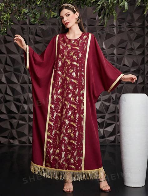 Shein Najma Turkish Style Gold Foil Printing Batwing Sleeve Kaftan