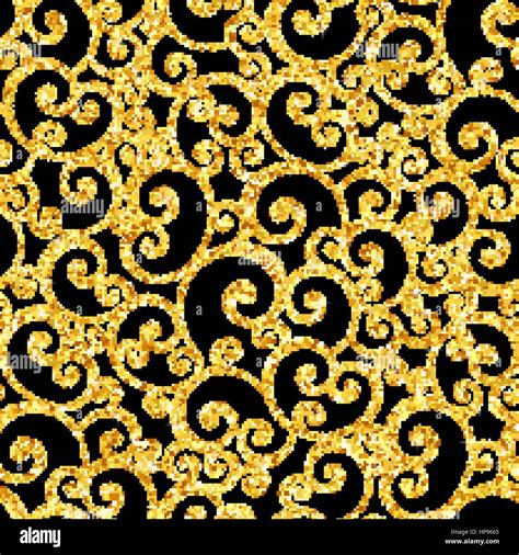 Vector Swirl Curl Seamless Pattern With Gold Glitter On Black