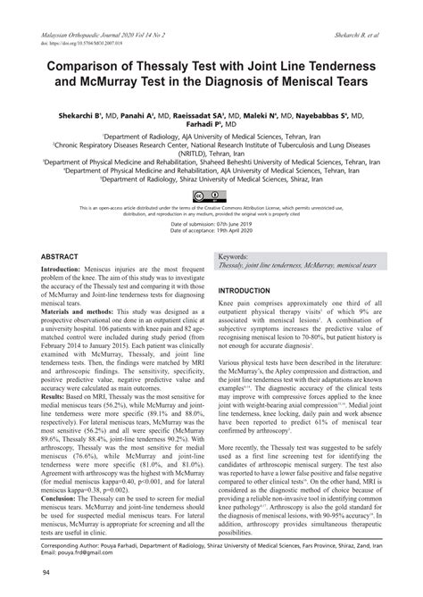 Comparison Of Thessaly Test With Joint Line Tenderness And Mcmurray