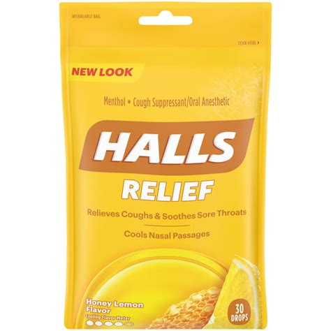 Halls Relief Honey Lemon Flavor Cough Drops 1 Bag 30 Total Drops