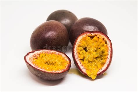 Juicy Passion Fruit Pulp Passion Fruits Whole And Cut In Half Stock