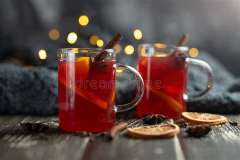 Christmas Mulled Red Wine With Spices And Fruits On A Wooden Rustic Table Traditional Hot Drink