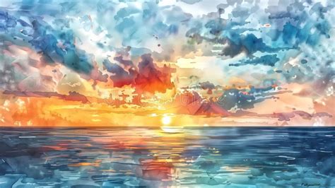 Watercolor Seascape with Sunset with Beautiful Sky and Clouds. D Stock ...