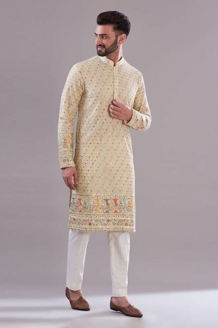 Buy Cream Georgette Embroidered Chikankari Paisley Kurta For Men By