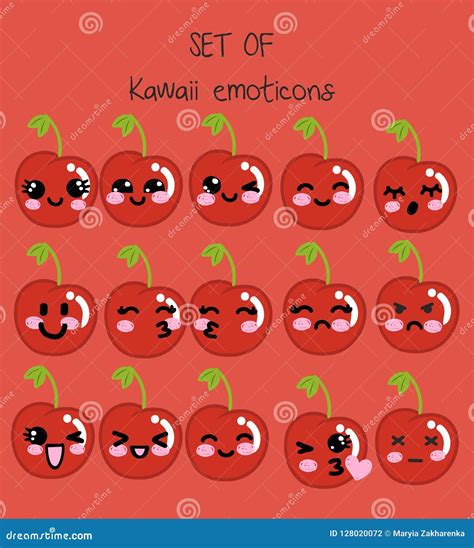 Vector Set Of Kawaii Emoticons Cute Cherry With Faces With Different