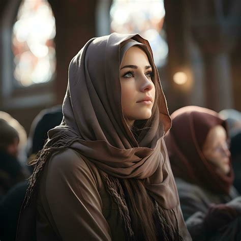 Ai Generated Beautiful Muslim Woman In Hijab Sits In Mosque Listening