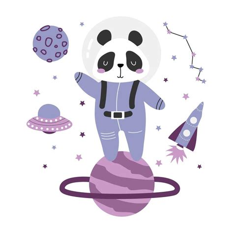 Hand-drawn vector illustration of a cute panda astronaut in space. Cute space illustration with ...