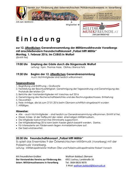 Militärmusikfreunde Einladung zur Generalversammlung 2016