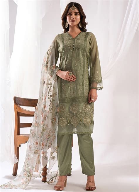 Buy Embroidered Stones Green Faux Georgette Pakistani Suit Party Wear