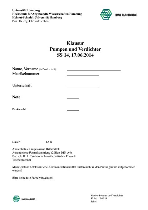 Pu V Ler Klausur 2014 S HWI Std Klausur Pumpen Und Verdichter SS 14