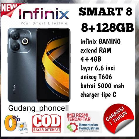 Infinix Smart 8 Ram 8 128 GB Gaming Processor Unisog T606 Garansi Resmi