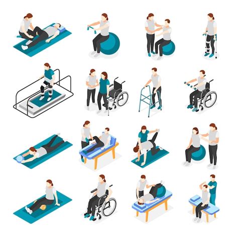 Free Vector Rehabilitation Physiotherapy Isometric Icons Set